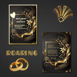 ヴィンテージブラックモダン金ゴールド結婚アールデコ実在の 箔招待状