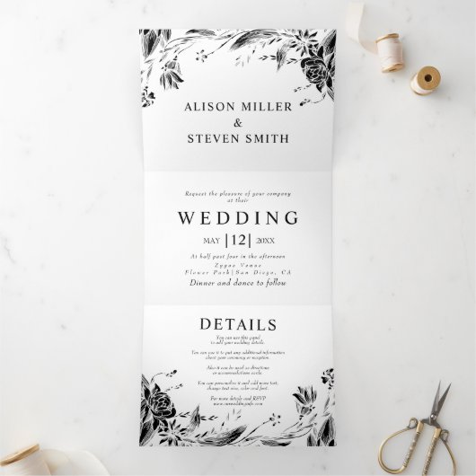 ヴィンテージブラックラインアート花photo 結婚. 三つ折り招待状 (内部)