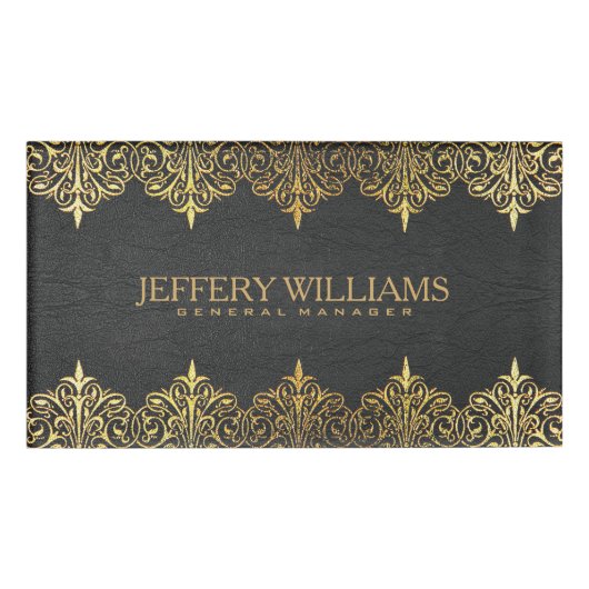 ヴィンテージブラックレザー金ゴールド旋回フレーム 名札 (正面)