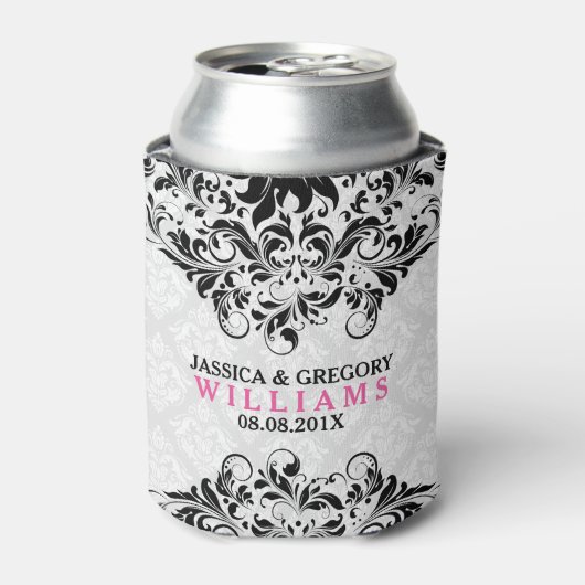 ヴィンテージブラックレースオンプラッシュホワイトダマスク 缶クーラー (缶正面)