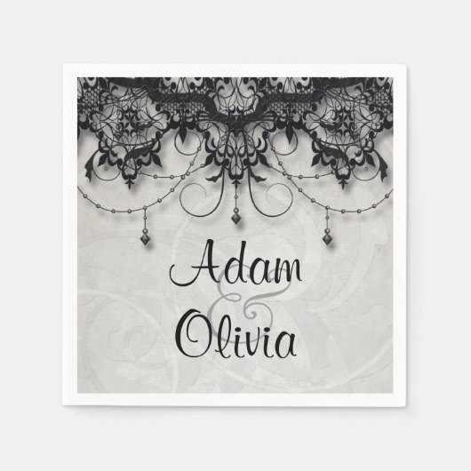 ヴィンテージブラックレースシャンデリアモノグラム結婚ズ スタンダードカクテルナプキン (正面)