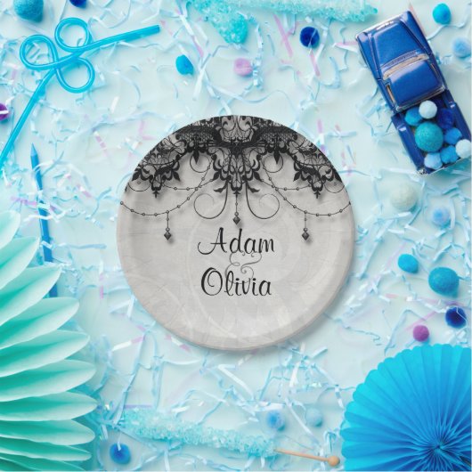 ヴィンテージブラックレースシャンデリアモノグラム結婚ズ ペーパープレート (パーティー)