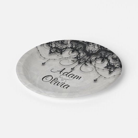 ヴィンテージブラックレースシャンデリアモノグラム結婚ズ ペーパープレート (アングル)