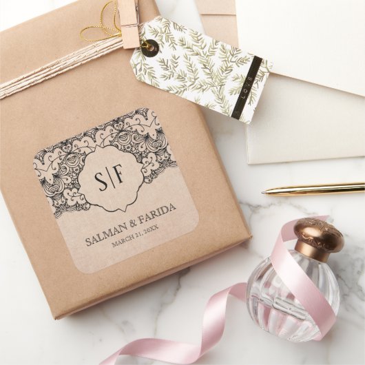 ヴィンテージブラックレースバ素朴ーラップモノグラム結婚ズ スクエアシール (ギフト)