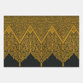 ヴィンテージブラック及び金ゴールドインディアンフローラルパターン ラッピングペーパーシート (正面)