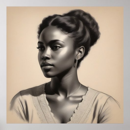 ヴィンテージブラック女性ポートレートスケッチ ポスター (正面)