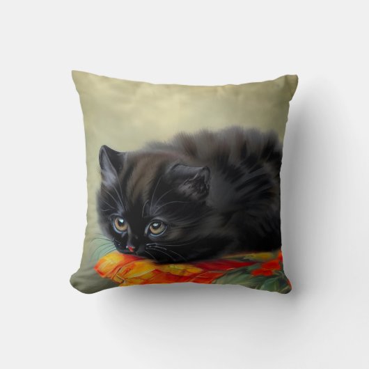 ヴィンテージブラック子猫と赤い花毛布 クッション (正面)