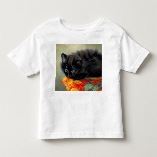 ヴィンテージブラック子猫と赤い花毛布 トドラーTシャツ (正面)