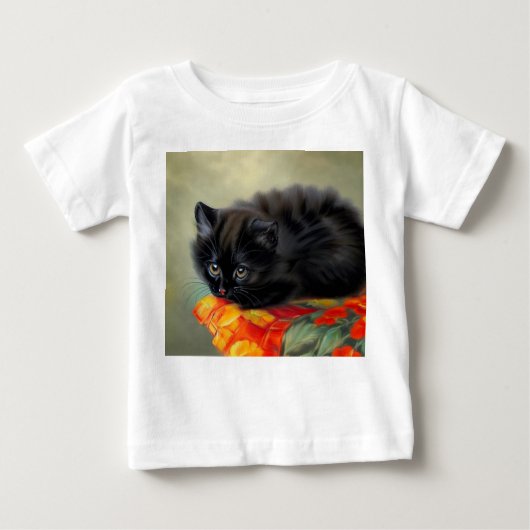 ヴィンテージブラック子猫と赤い花毛布 ベビーTシャツ (正面)
