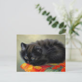 ヴィンテージブラック子猫と赤い花毛布 ポストカード (スタンド正面)