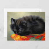 ヴィンテージブラック子猫と赤い花毛布 ポストカード (正面/裏面)
