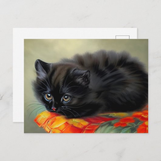 ヴィンテージブラック子猫と赤い花毛布 ポストカード (正面/裏面)