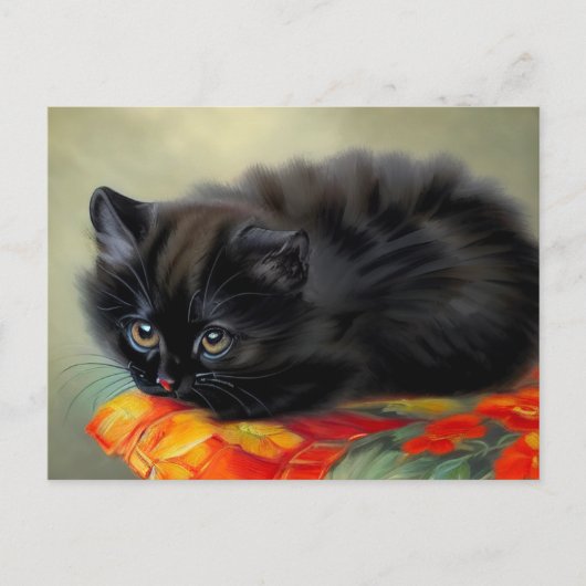 ヴィンテージブラック子猫と赤い花毛布 ポストカード (正面)