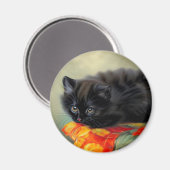 ヴィンテージブラック子猫と赤い花毛布 マグネット (正面/裏面)
