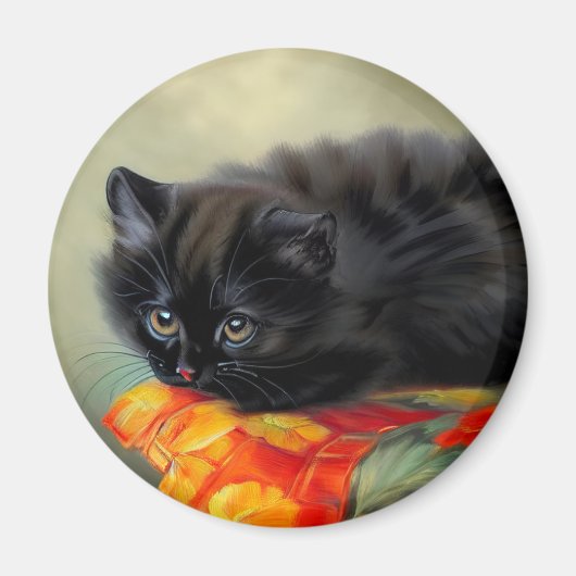 ヴィンテージブラック子猫と赤い花毛布 マグネット (正面)