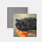 ヴィンテージブラック子猫と赤い花毛布 マグネット (正面/裏面)