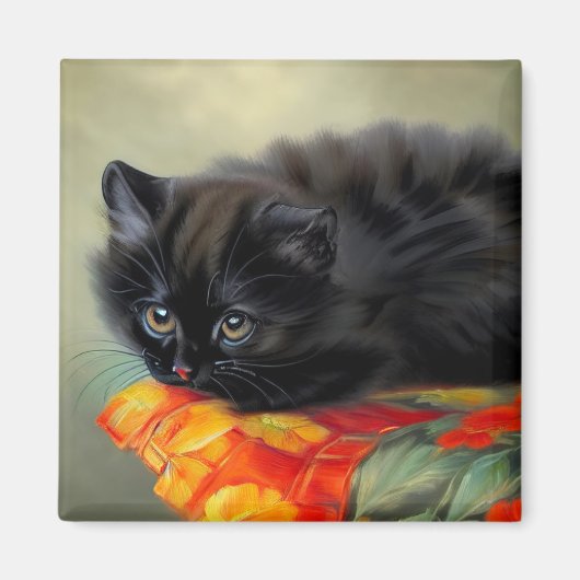 ヴィンテージブラック子猫と赤い花毛布 マグネット (正面)