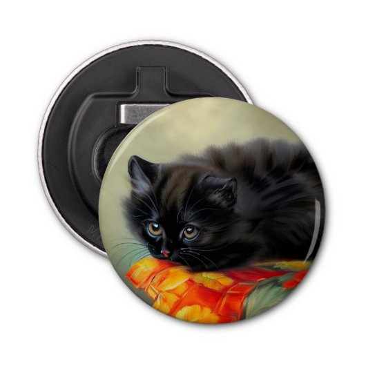 ヴィンテージブラック子猫と赤い花毛布 栓抜き (正面)