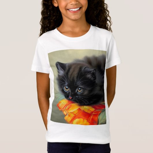 ヴィンテージブラック子猫と赤い花毛布 Tシャツ (正面)