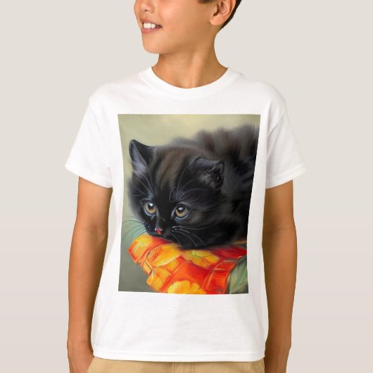 ヴィンテージブラック子猫と赤い花毛布 Tシャツ (正面)