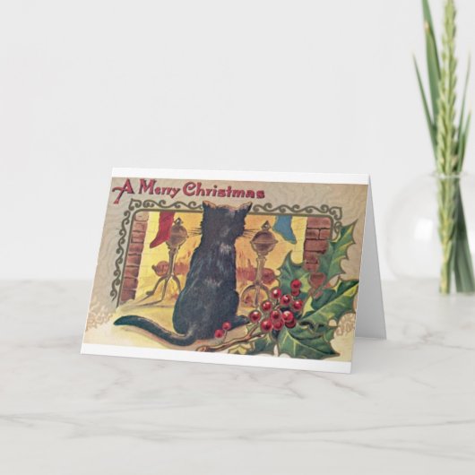 ヴィンテージブラック猫の暖炉クリスマスカード シーズンカード (正面)