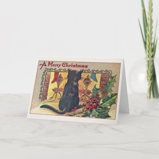 ヴィンテージブラック猫の暖炉クリスマスカード シーズンカード (正面)