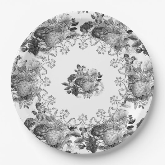 ヴィンテージブラック結婚ボタニカル ペーパープレート (正面)