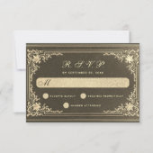 ヴィンテージブラック結婚金ゴールドの書エレガント跡 出欠カード (正面)