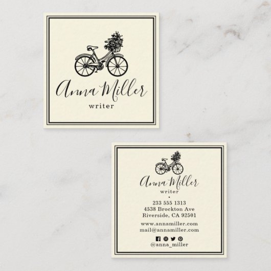 ヴィンテージブラック自転車花作家ベージュレトロ スクエア名刺 (正面/裏面)
