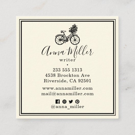 ヴィンテージブラック自転車花作家ベージュレトロ スクエア名刺 (裏面)