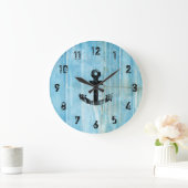 ヴィンテージブラック航海のいかりオン素朴ブルーウッド ラージ壁時計 (ホーム)