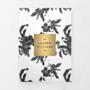 ヴィンテージブラック花柄パンフレット 三つ折りカード