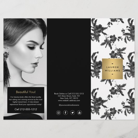 ヴィンテージブラック花柄3折パンフレット チラシ (正面)