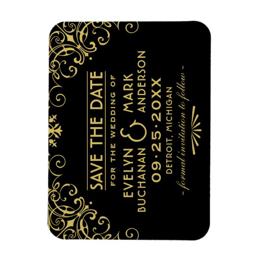 ヴィンテージブラック金ゴールドアールデコ結婚式日付の保存 マグネット (縦)