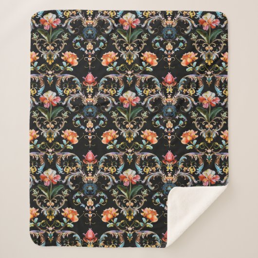 ヴィンテージブラック金ゴールドダマスクパターン シェルパブランケット (正面)