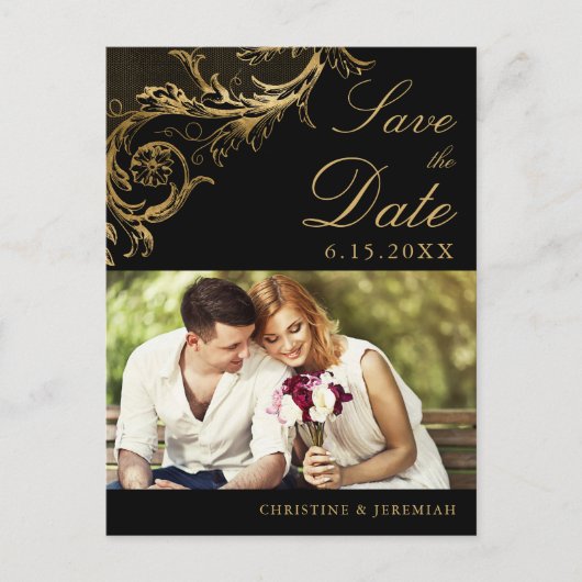 ヴィンテージブラック金ゴールドダマスク写真の保存日付 案内ポストカード (正面)