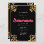 ヴィンテージブラック金ゴールドバロックフレームピンクキンセアニラ 招待状 (正面/裏面)