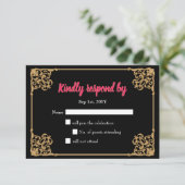 ヴィンテージブラック金ゴールドバロック枠ピンクRsvpカード 出欠カード (スタンド正面)