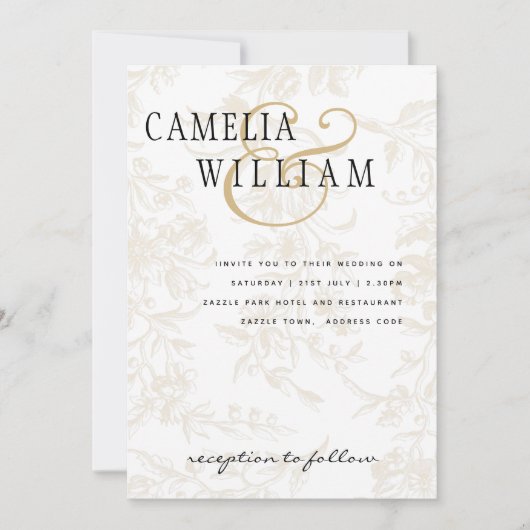 ヴィンテージブラック金ゴールドフローラエレガントな結婚式 招待状 (正面)