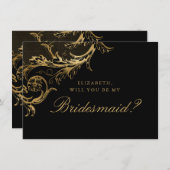 ヴィンテージブラック金ゴールドフローラダマスクスクリプトBridesmaid 招待状 (正面/裏面)