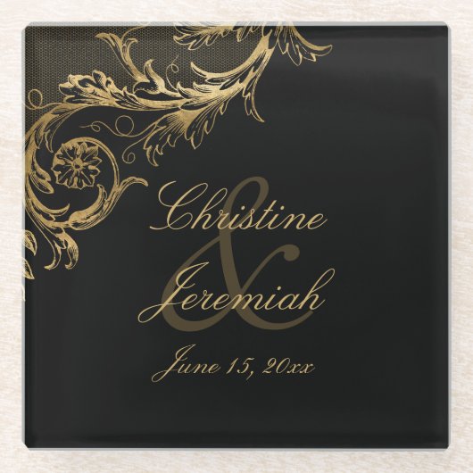 ヴィンテージブラック金ゴールドフローラダマスクスク結婚スクリプト ガラスコースター (正面)