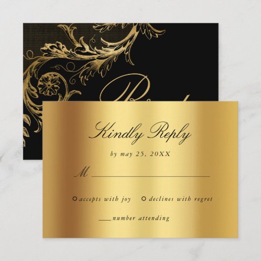 ヴィンテージブラック金ゴールドフローラダマスクスク結婚スクリプト 出欠カード (正面/裏面)