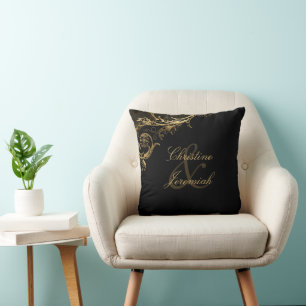 ヴィンテージブラック金ゴールドフローラダマスク名結婚ズ クッション