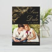 ヴィンテージブラック金ゴールドフローラダマスク結婚写真 セーブザデート (スタンド正面)