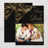 ヴィンテージブラック金ゴールドフローラダマスク結婚写真 セーブザデート (正面/裏面)