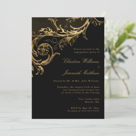 ヴィンテージブラック金ゴールドフローラ婚約パーティ 招待状 (スタンド正面)