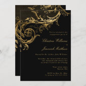 ヴィンテージブラック金ゴールドフローラ婚約パーティ 招待状 (正面/裏面)