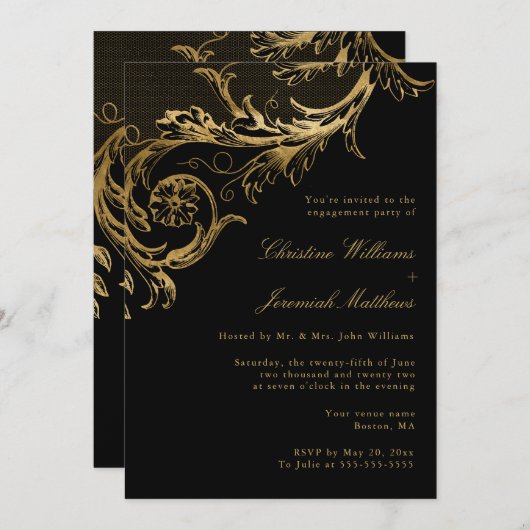 ヴィンテージブラック金ゴールドフローラ婚約パーティ 招待状 (正面/裏面)