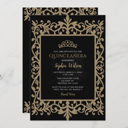 ヴィンテージブラック金ゴールドプリンセスティアラキンセアニラ 招待状 (正面/裏面)