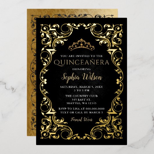 ヴィンテージブラック金ゴールドプリンセスティアラキンセアニラ 箔招待状 (正面/裏面)